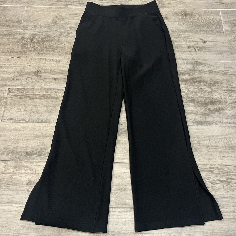Otos Women's Ribbed Knit Pants Slit Bottom Hem Size Medium Solid Black Mid Rise